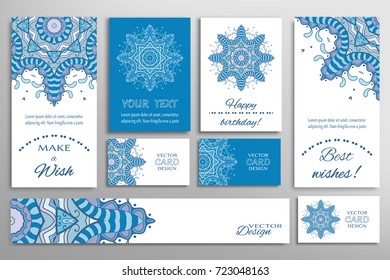 Vector set of greeting Cards or wedding Invitations. Postcards template with inscription Make a Wish, Best Wishes, Happy Birthday. Banner and business cards with mandala ornament