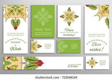 Vector set of greeting Cards or wedding Invitations. Postcards template with inscription Make a Wish, Best Wishes, Happy Birthday. Banner and business cards with mandala ornament