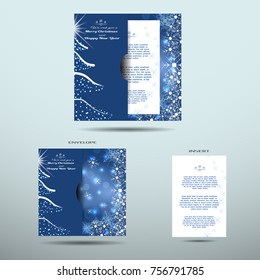 Vector set of greeting envelope with Christmas tree and insert for Merry Christmas and Happy New Year on the abstract blue background, radiance and snowflakes.