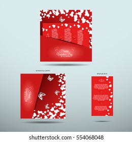 Vector set of greeting envelope with hearts and butterflies pattern on the gradient red background and red card insert.