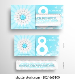 Vector set of greeting envelope and insert with stitches for 8 of March - International Women's Day with light blue rays, flower, pattern from hearts on the gray background.