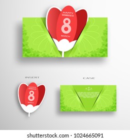 Vector set of greeting green envelope with insert in the form of red tulip for 8 of March - International Women's Day with pattern from leafs and flower silhouette on the gray background.