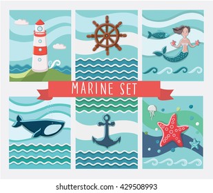 Vector set of greeting marine cards and sea elements collection illustrations