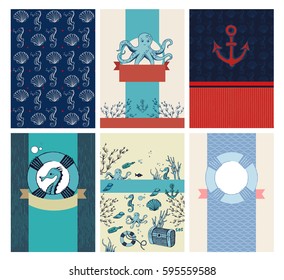 Vector set of greeting marine cards and sea elements collection illustrations. Element for print, t-shirts and your design