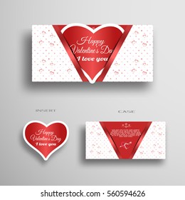 Vector set of greeting paper heart for Valentine's Day insert in case with light red pattern from hearts and dots on the gray background.