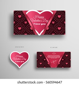 Vector set of greeting paper heart for Valentine's Day insert in case with dark pattern from hearts and dots on the gray background.