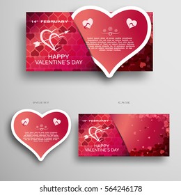 Vector set of greeting paper heart for Valentine's Day insert in case with dark red and pink pattern from hearts on the gray background.