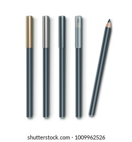 Vector set of Grey Blue Cosmetic Makeup Eyeliner Pencils with Golden Silver Transparent Caps Isolated on White Background