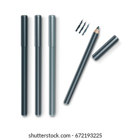 Vector set of Grey Blue Cosmetic Makeup Eyeliner Pencils with without Caps Isolated on White Background