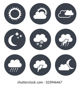 Vector Set Of Grey Circular Buttons With Weather Symbols 