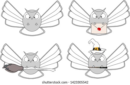Vector set of grey flying owls - with letter, with broom, with magic wand