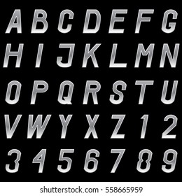 Vector set of grey metal alphabet letters and numbers 