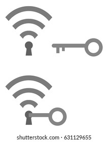 Vector set of grey wifi symbols with keyholes and grey key unlocking.