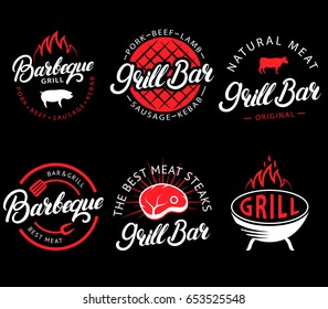 Vector set of grill bar and bbq labels in retro style. Vintage grill restaurant emblems, logo, stickers and design elements. Collection of barbecue signs, symbols and icons. Black and red color style.