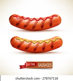 Vector set with grill roasted sausages on fire with mustard and ketchup