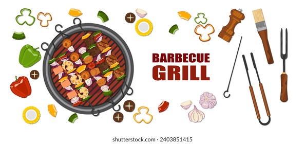 Vector set of grilled food, barbecue, various spices, and vegetables grilled on a charcoal grill. With kitchen utensils, top view, isolated on a white background. For elements in designing food menus.