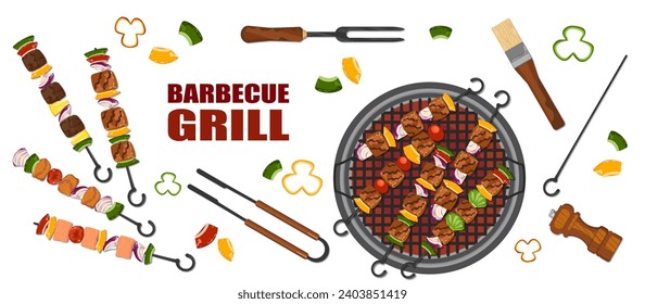 Vector set of grilled food, barbecue, various spices, and vegetables grilled on a charcoal grill. With kitchen utensils, top view, isolated on a white background. For elements in designing food menus.