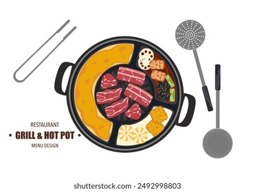 Vector set of grilled food, shabu, hot pot, and various spices. And grilled vegetables in a hot pot. Cheese with kitchen utensils. Top view. Isolated on a white background. For elements in designing 