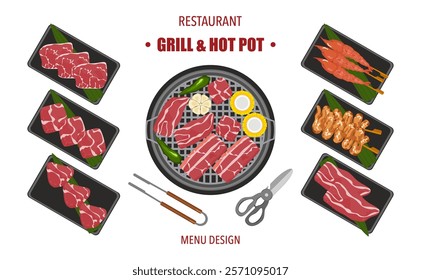 Vector set of grilled food, shabu, hot pot, and various spices. The vegetables are grilled in hot pot kitchen utensils. Top view. Isolated on a white background. For elements in designing a food menus