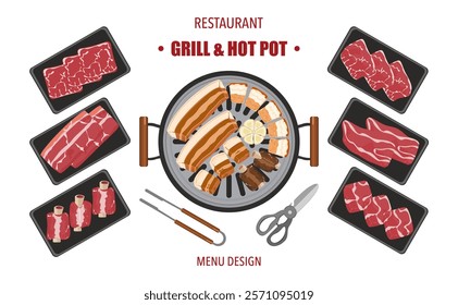 Vector set of grilled food, shabu, hot pot, and various spices. The vegetables are grilled in hot pot kitchen utensils. Top view. Isolated on a white background. For elements in designing a food menus