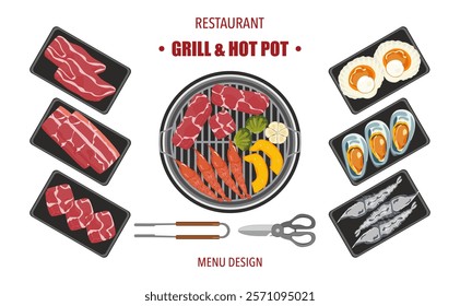 Vector set of grilled food, shabu, hot pot, and various spices. The vegetables are grilled in hot pot kitchen utensils. Top view. Isolated on a white background. For elements in designing a food menus