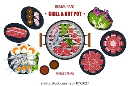 Vector set of grilled food, shabu, hot pot, and various spices. The vegetables are grilled in hot pot kitchen utensils. Top view. Isolated on a white background. For elements in designing a food menus