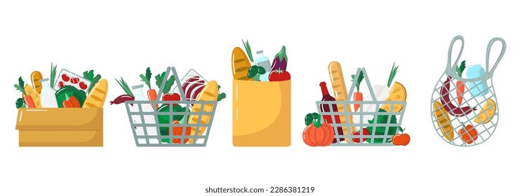 Vector set of grocery bags icon isolated on white background. Shopping paper package, supermarket basket, turtle bag and box with fresh food. Eco-friendly, reusable concept