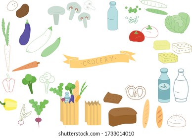 Vector set grocery  illustration. Grocery food vegetables bread