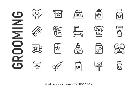 Vector set of grooming thin line icons. Design of 20 stroke pictograms. Signs of grooming isolated on a white background.