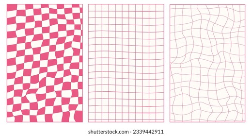 Vector set of groovy 70s pink poster.Chessboard and twisted patterns. Backgrounds in trendy retro trippy style.Twisted and distorted vector texture in trendy retro psychedelic style.