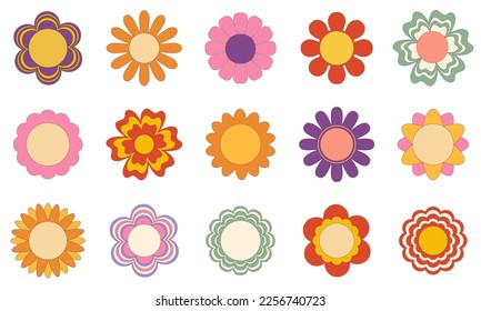 Vector set of groovy chamomile hippie 70s .Cartoon flower in trendy retro tripy style.Sticker plants in trendy retro style