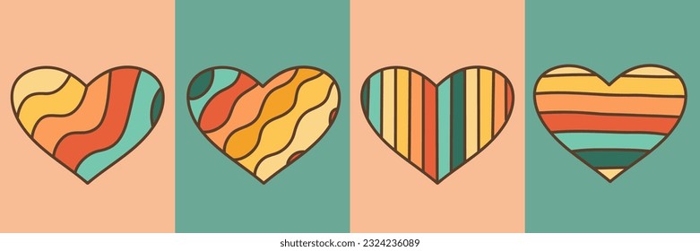 Vector set with groovy colorful hearts, retro rainbow hearts