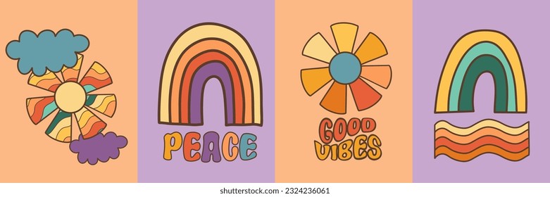 Vector set with groovy colorful retro elements, retro rainbows and flowers clipart, pre-made poster
