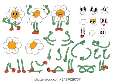 Vector set of groovy comic faces vector. Collection of cartoon daisy flowers character faces, leg, hand in different emotions happy, angry, sad, cheerful. Hippie character