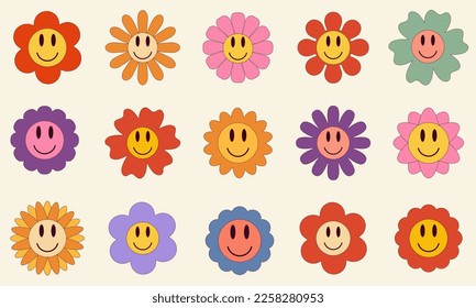 Vector set of groovy daisy with cartoon smile faces in hippie 70s .Cartoon flower in trendy retro tripy style.Sticker plants in trendy retro style