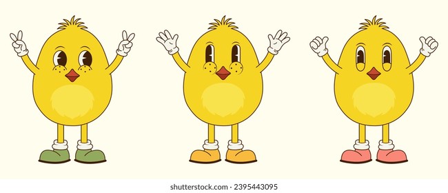 Vector set of groovy Easter chicks in a trendy retro 70s style. Vector illustration