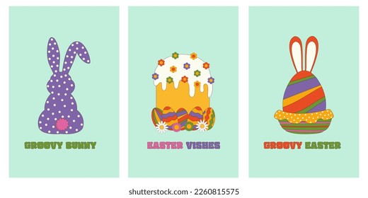 Vector set of groovy Easter greeting cards set. Spring backgrounds in trendy 70s, 60s style