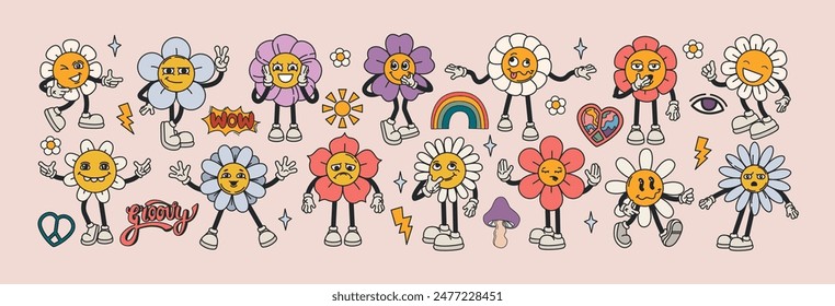 Vector set of groovy flower face. Funky daisy flowers pack, hippy plants, retro stickers. Chamomile characters with different emotions and hand gestures. Hippie florals, cute mascot with funny faces.