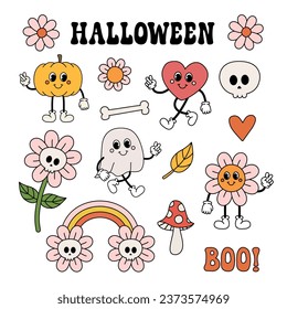 Vector set of groovy halloween cartoon retro characters and elements isolated on white background