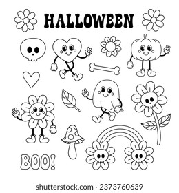 Vector set of groovy halloween cartoon retro outline characters and elements isolated on white background