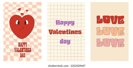 Vector set of groovy hearts posters. Happy Valentines day greeting card in trendy 60s, 70s style.Vector illustration