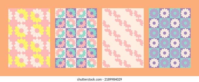 Vector set of Groovy hippie 70s backgrounds. Checkerboard, chessboard, mesh, waves patterns. Twisted and distorted vector texture in trendy retro psychedelic style. Y2k aesthetic.