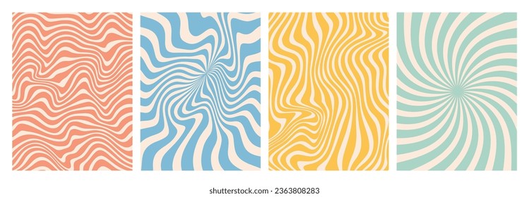 vector set of groovy hippie 70s backgrounds. swirl, twirl pattern, waves. Y2k aesthetic. Social Media Stories Template, distorted and Twisted vector texture in trendy retro psychedelic style. 