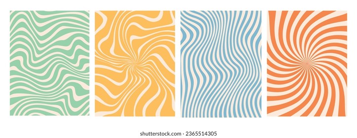 vector set of groovy hippie 70s backgrounds. swirl, twirl pattern, waves. Y2k aesthetic. Social Media Stories Template, distorted and Twisted vector texture in trendy retro psychedelic style. 