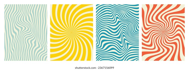 vector set of groovy hippie 70s backgrounds. swirl, twirl pattern, waves. Y2k aesthetic. Social Media Stories Template, distorted and Twisted vector texture in trendy retro psychedelic style. 