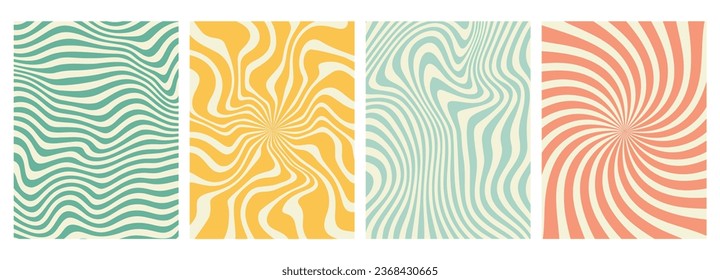 vector set of groovy hippie 70s backgrounds. swirl, twirl pattern, waves. Y2k aesthetic. Social Media Stories Template, distorted and Twisted vector texture in trendy retro psychedelic style. 