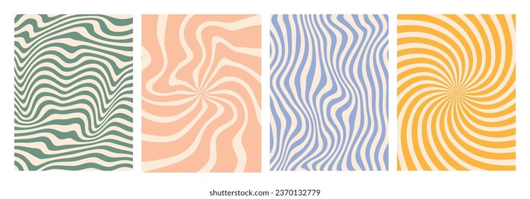 vector set of groovy hippie 70s backgrounds. swirl, twirl pattern, waves. Y2k aesthetic. Social Media Stories Template, distorted and Twisted vector texture in trendy retro psychedelic style. 