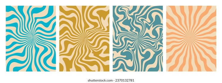 vector set of groovy hippie 70s backgrounds. swirl, twirl pattern, waves. Y2k aesthetic. Social Media Stories Template, distorted and Twisted vector texture in trendy retro psychedelic style. 