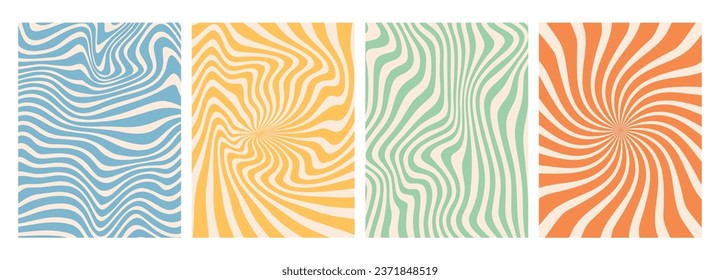 vector set of groovy hippie 70s backgrounds. swirl, twirl pattern, waves. Y2k aesthetic. Social Media Stories Template, distorted and Twisted vector texture in trendy retro psychedelic style. 