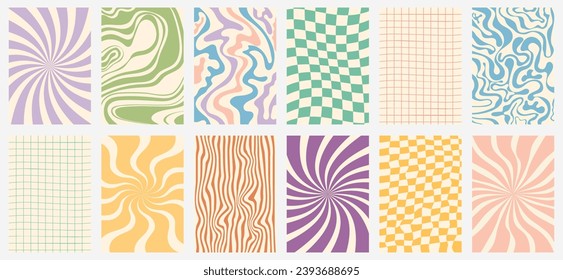 Vector set of groovy hippie 70s backgrounds. Vertical retro posters. Chessboard, twisted, wavy,swirl, rays trendy backgrounds